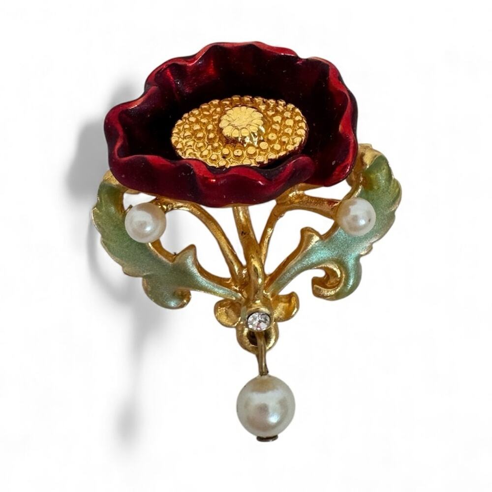 Joan Rivers Vintage Gold Tone Red Enamel Flower Brooch Women’s Estate Jewelry